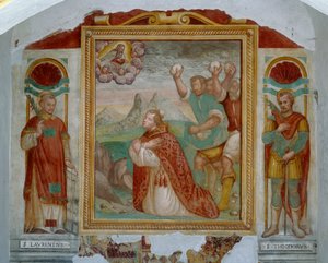 Saint Stephens martyrium mellem Saints Lawrence og Theodor af Italian School